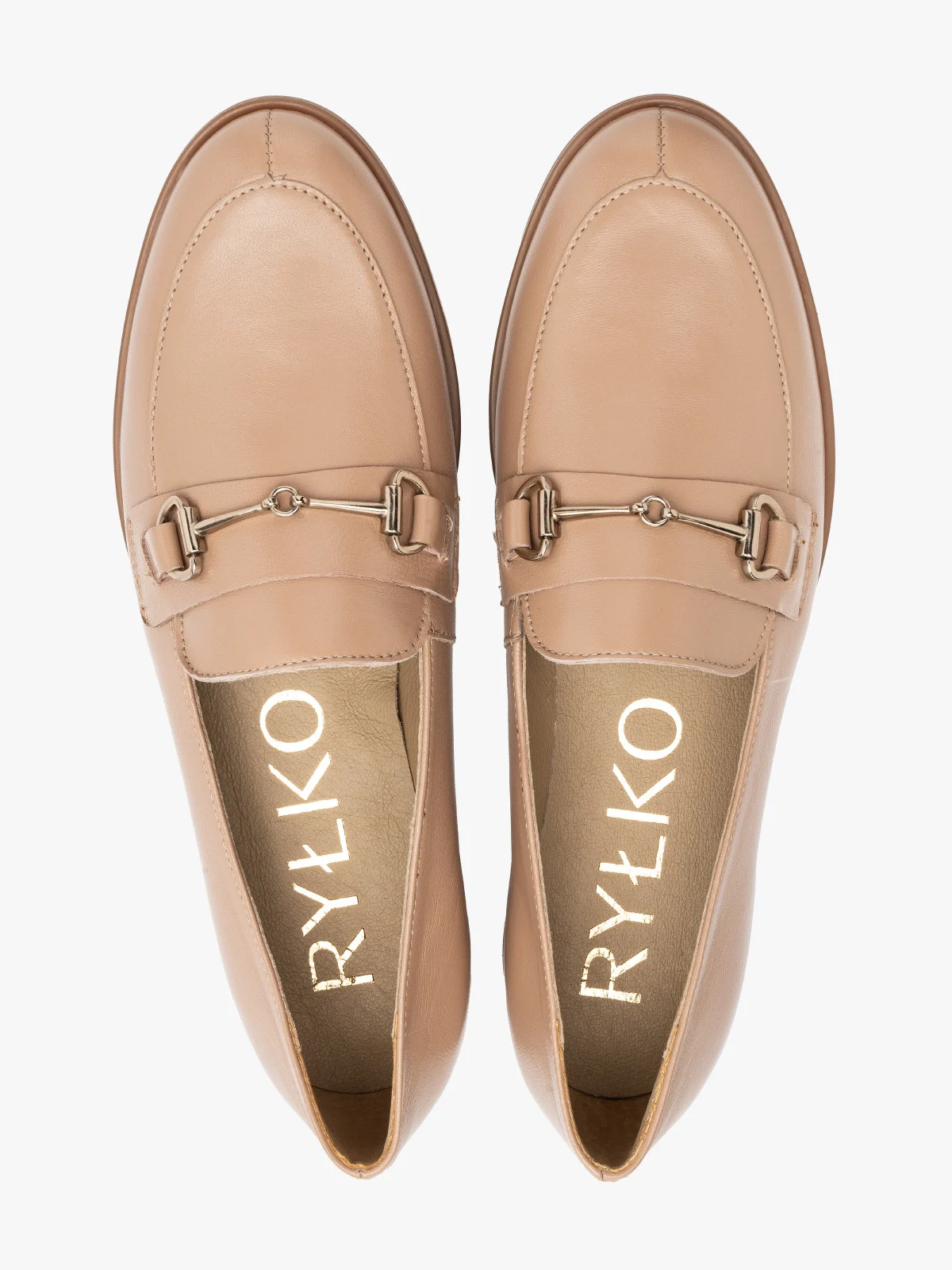Beżowe mokasyny ze złotą ozdobą