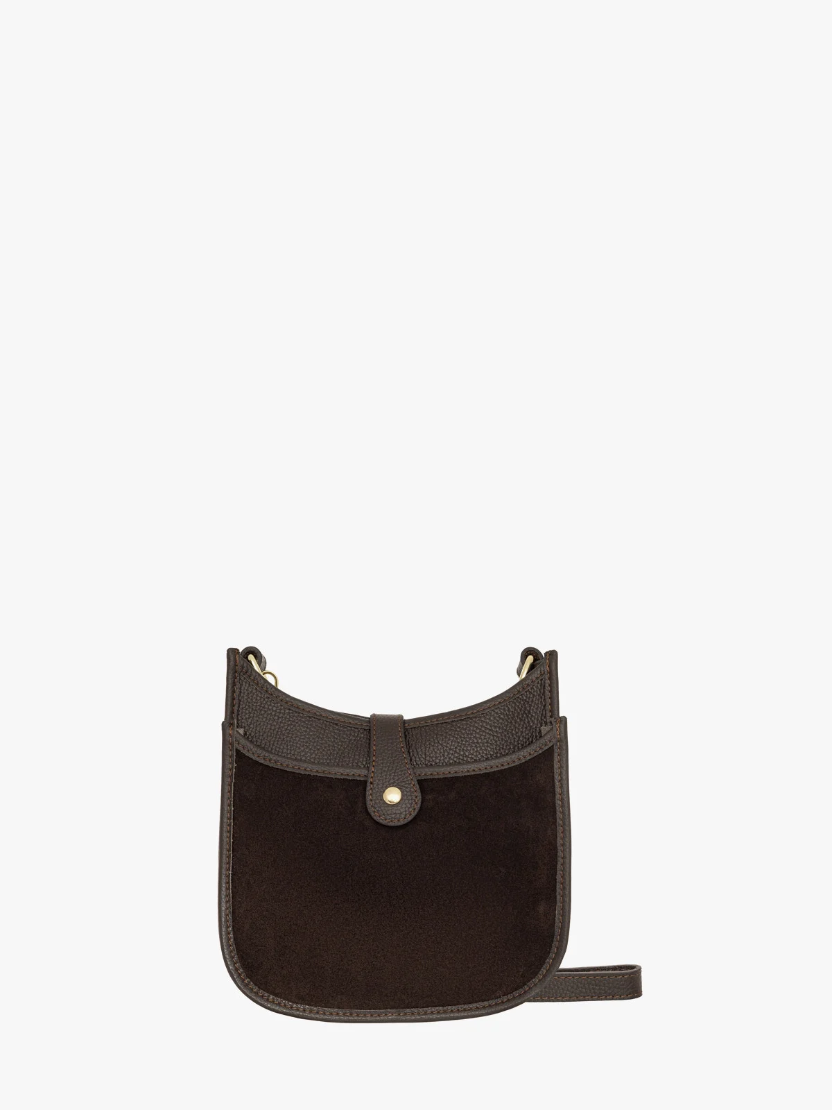 Mała, brązowa torebka na pasku ze złotymi detalami