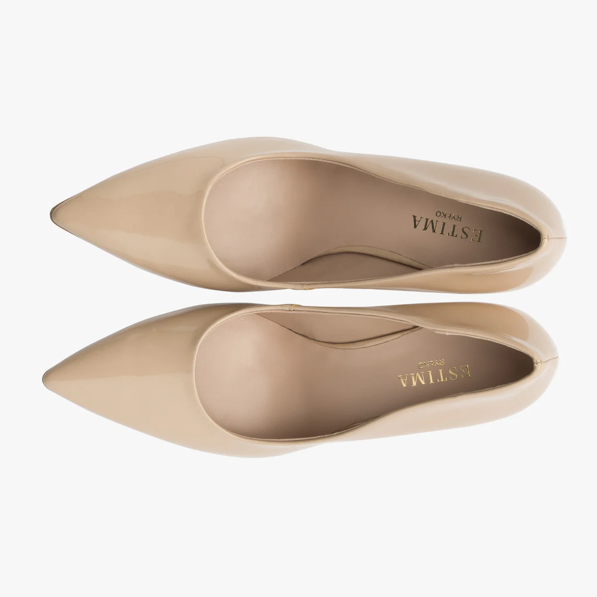 Beżowe, lakierowane czółenka na wysokiej szpilce