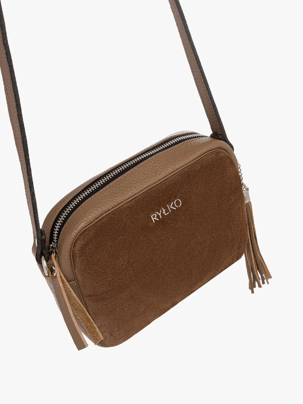 Ciemnobeżowa torebka listonoszka z frędzlem