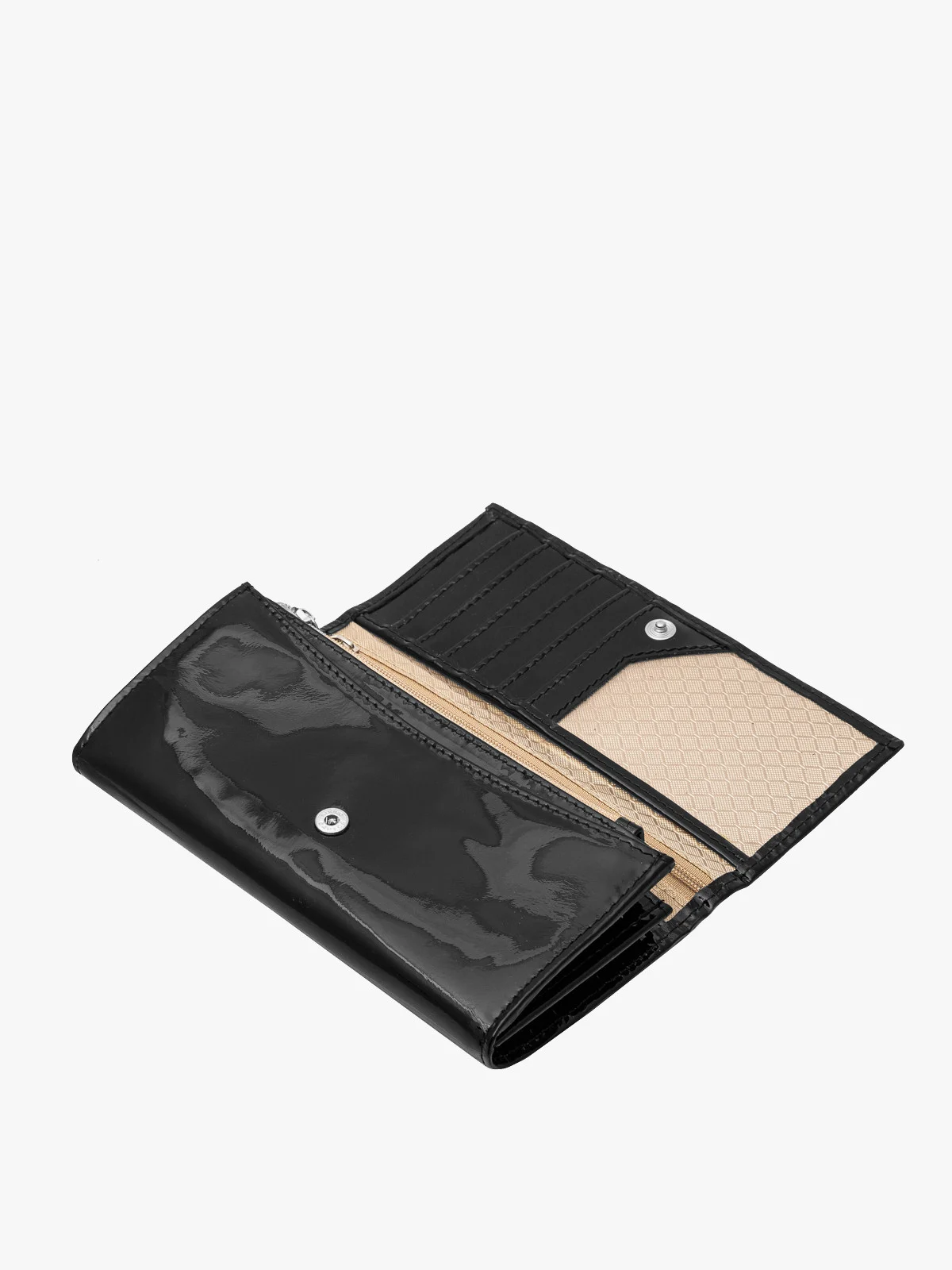 Czarny, lakierowany portfel damski