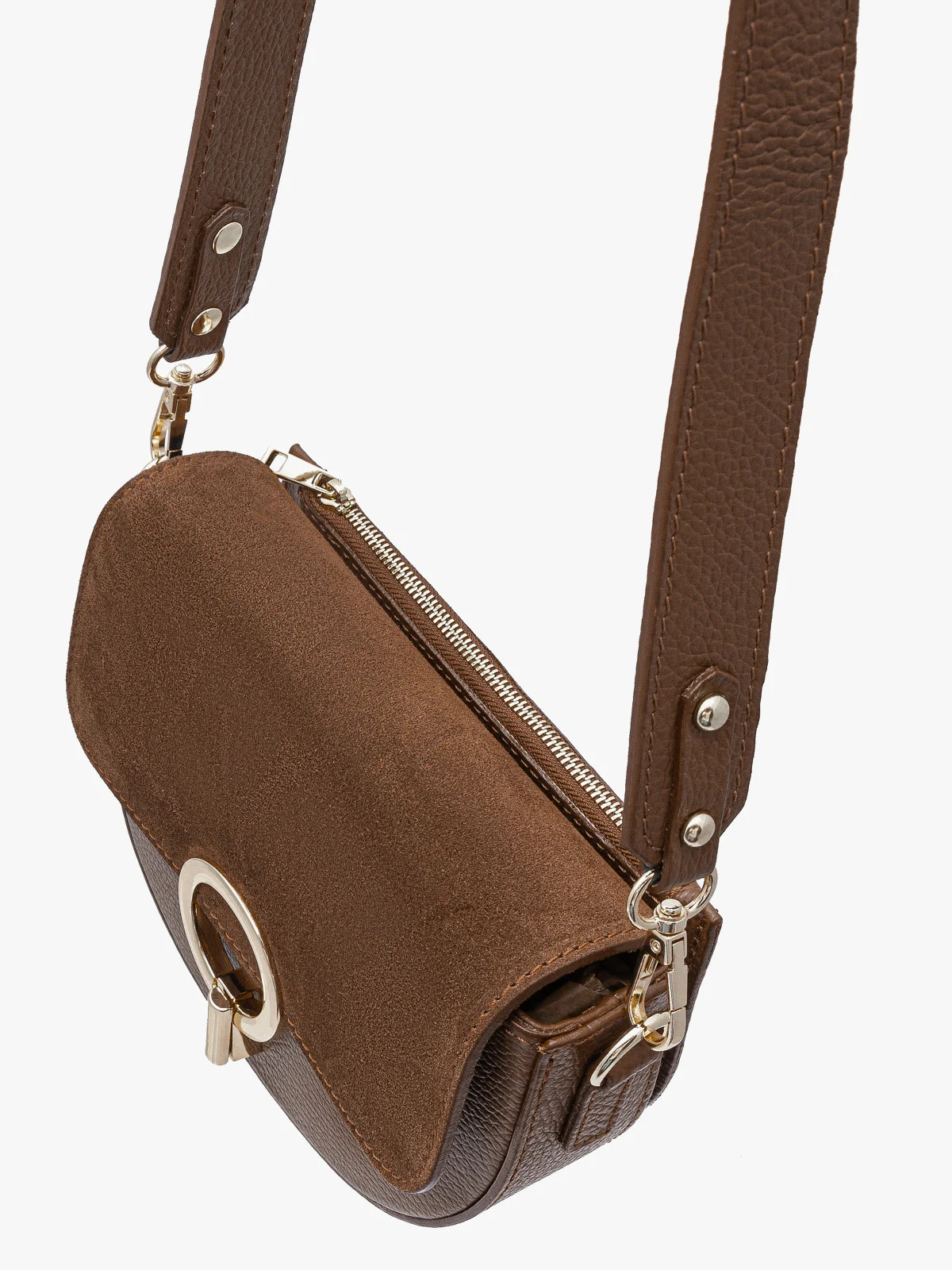 Mała, ruda torebka ze złotymi detalami