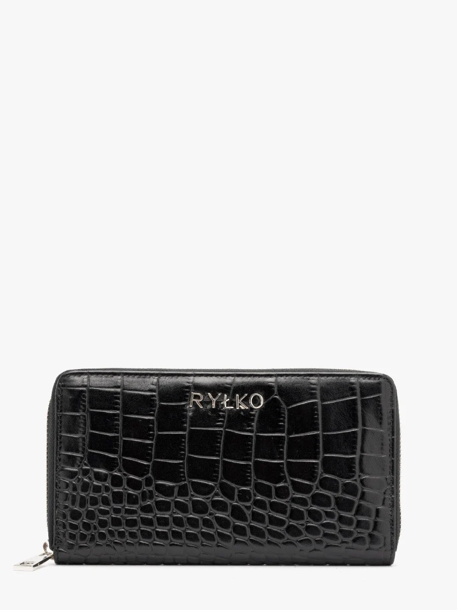 Czarny portfel damski z ozdobną fakturą