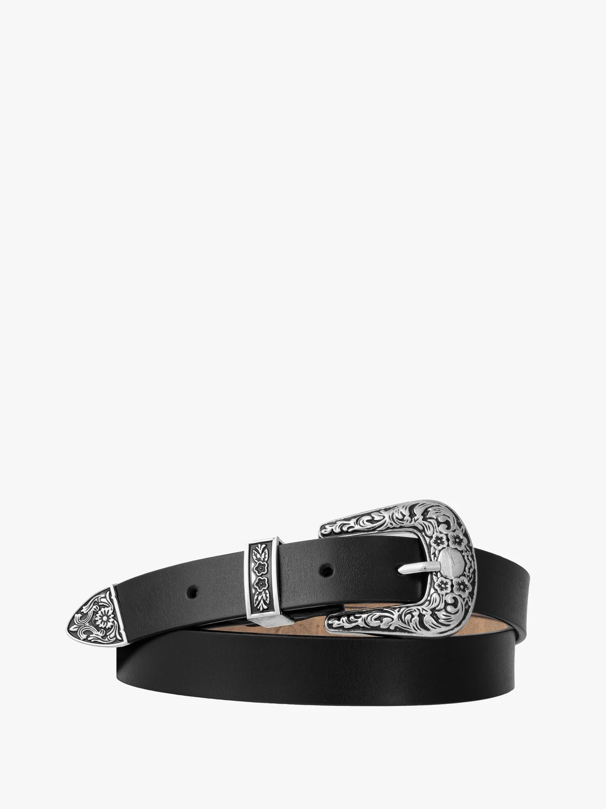 Czarny skórzany pasek z dekoracyjną klamrą