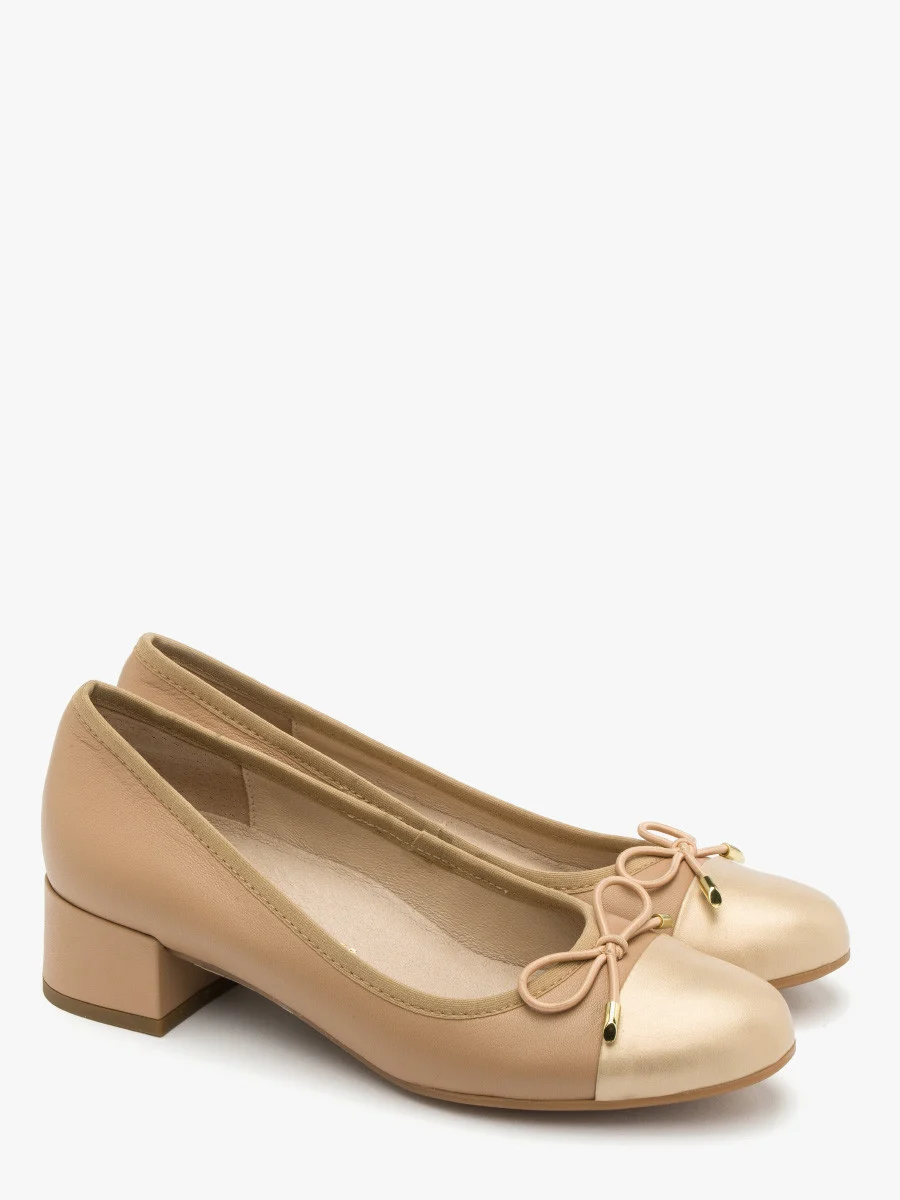 Beżowo-złote czółenka z ozdobną kokardą