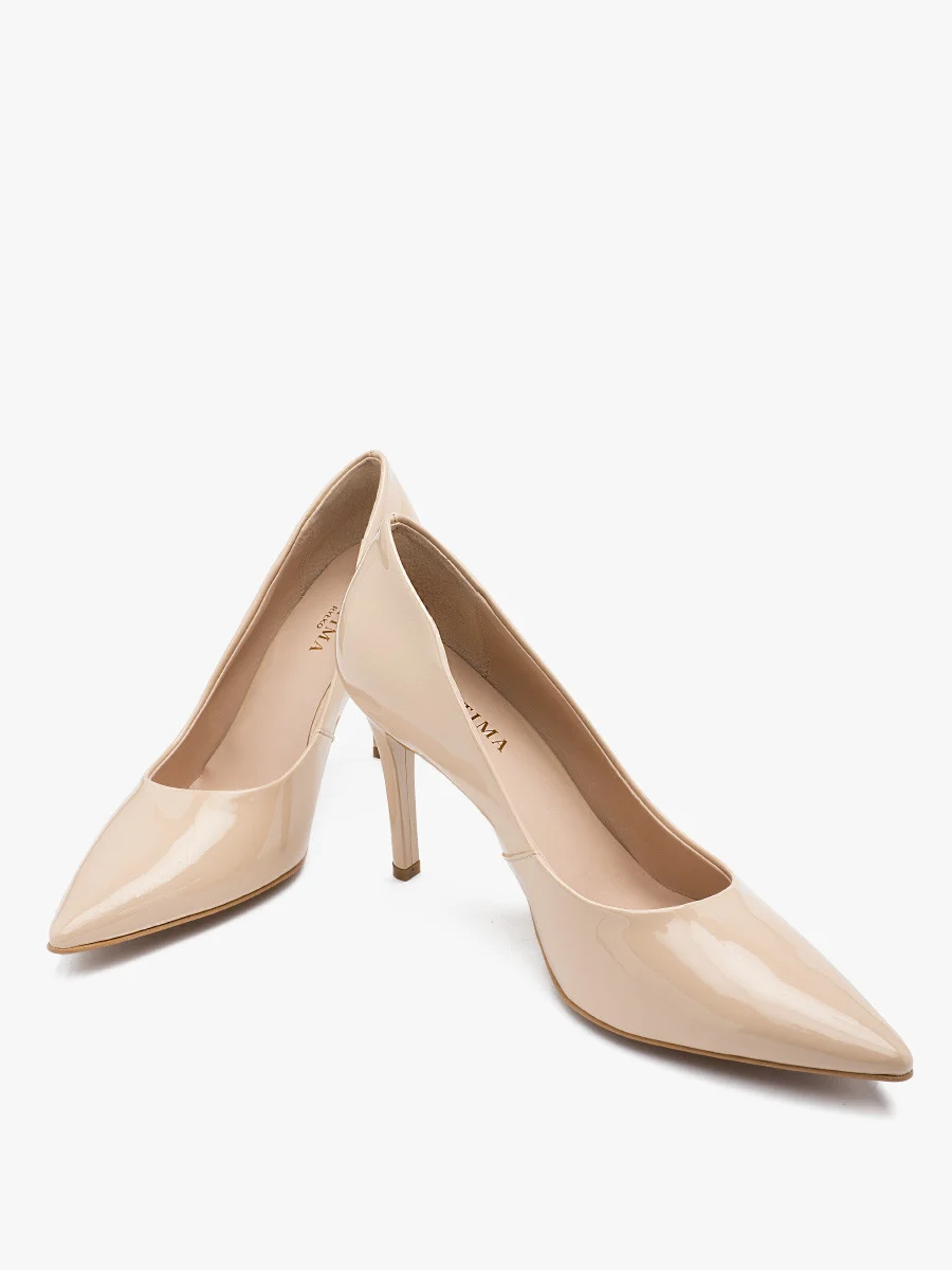 Beżowe, lakierowane czółenka na wysokiej szpilce