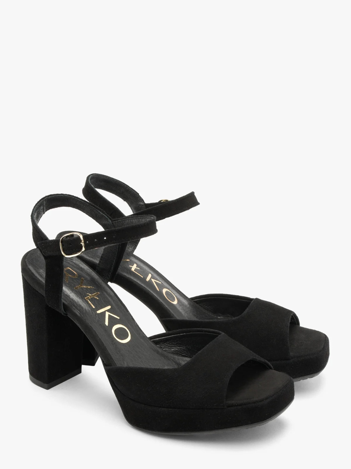 Czarne, welurowe sandały na wysokim słupku oraz balu