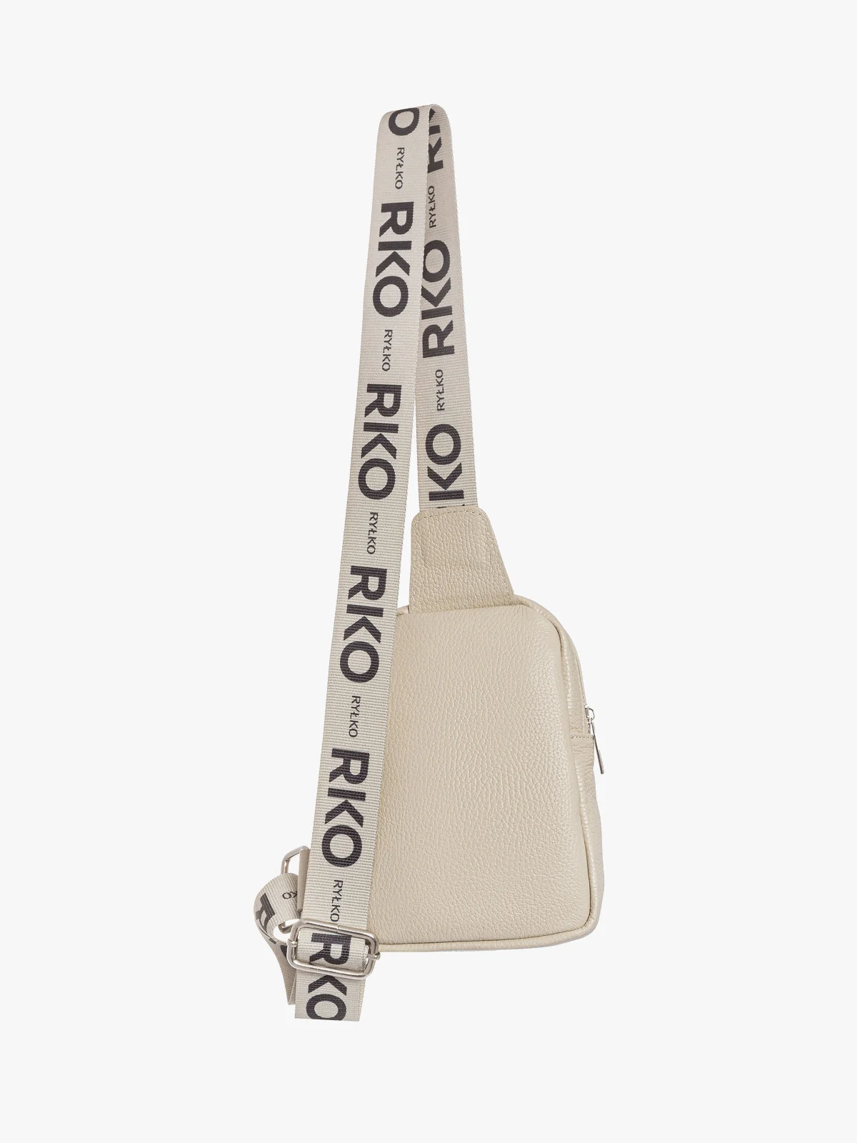 Beżowa torebka typu nerka z ozdobnym paskiem z taśmy