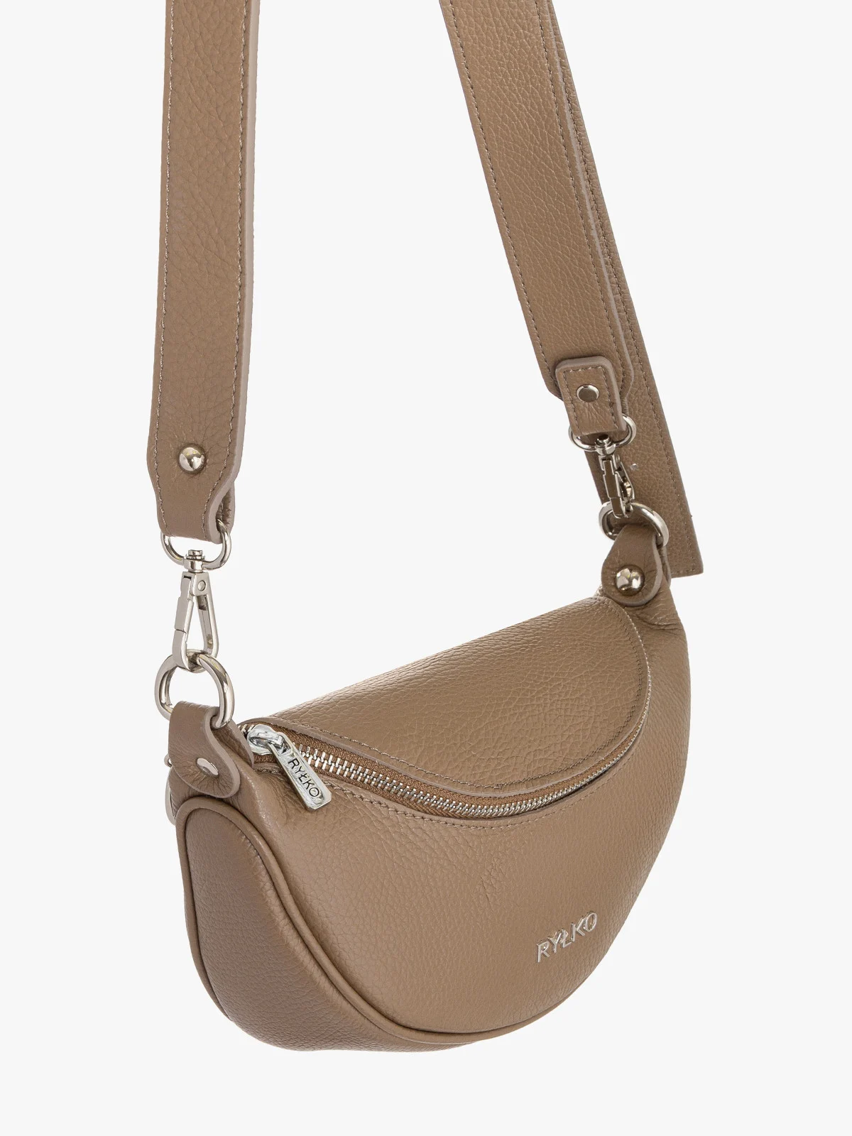 Beżowa, owalna torebka z szerokim paskiem