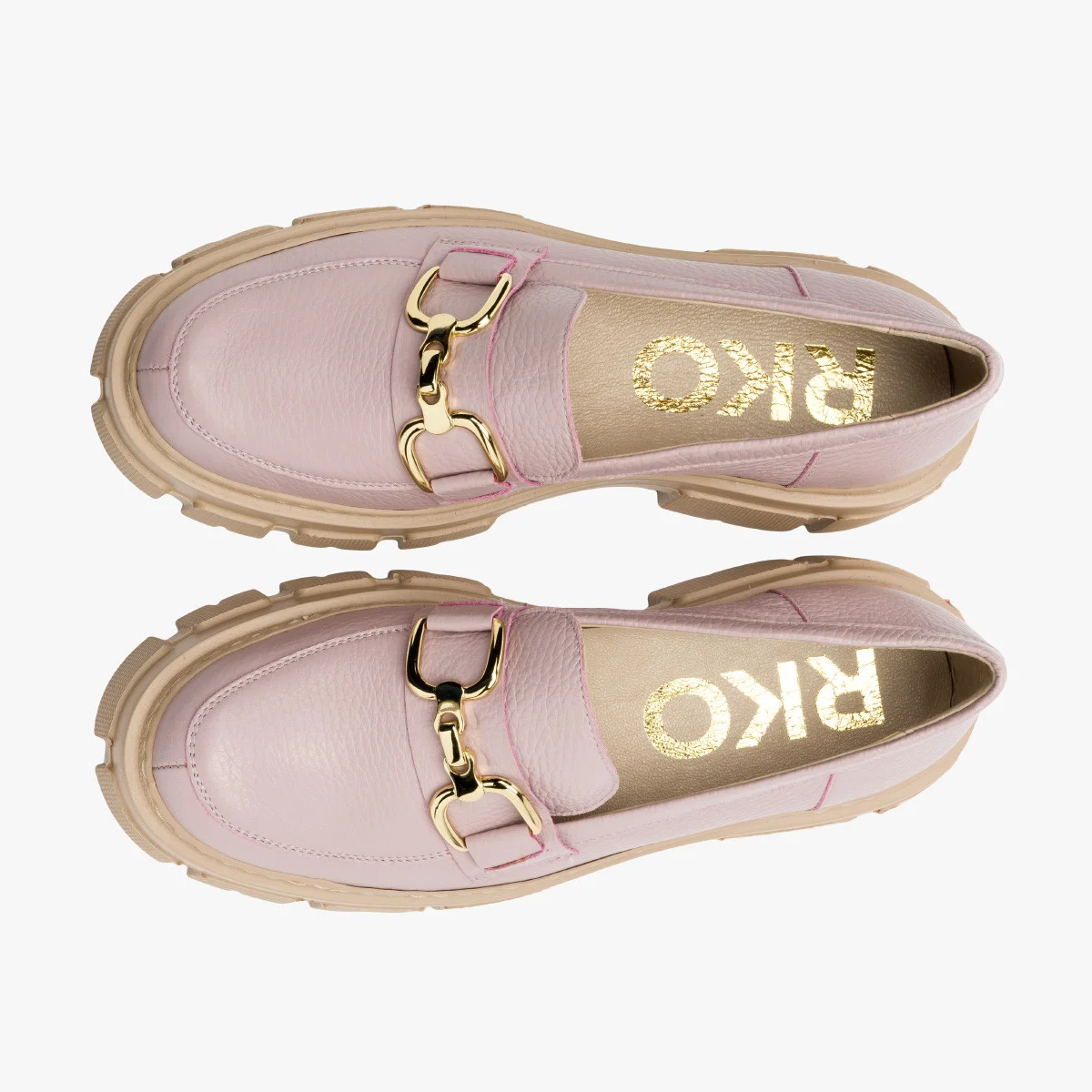 Liliowe mokasyny ze złotą ozdobą