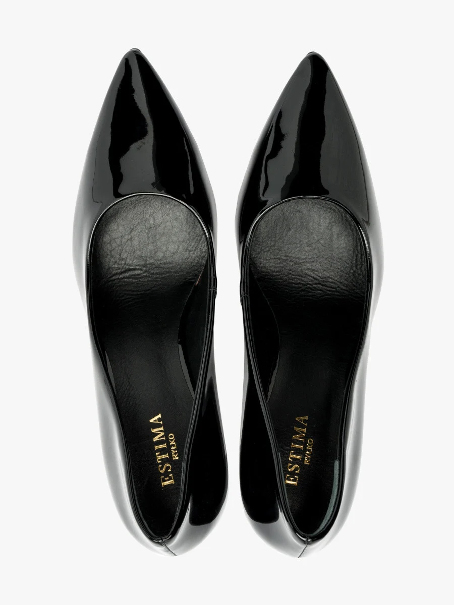 Czarne, lakierowane czółenka na wysokiej szpilce