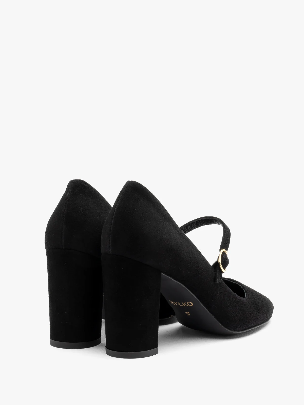 Czarne czółenka na słupku z paskiem