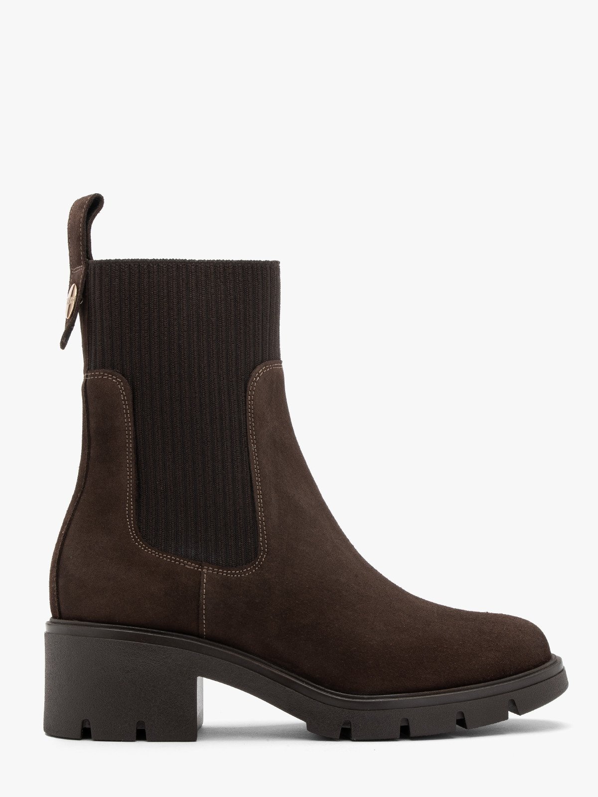 Brązowe, welurowe sztyblety z ozdobną gumą