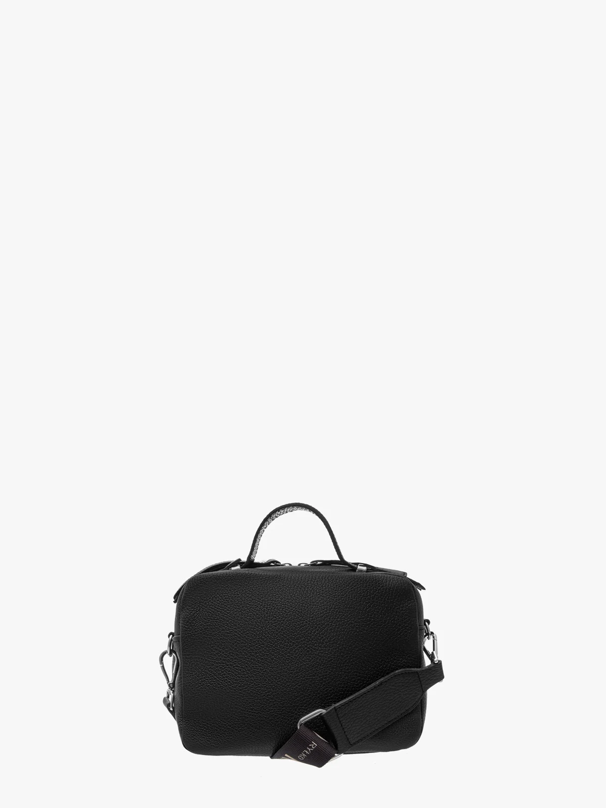 Czarna, kuferkowa torebka z rączką oraz paskiem na ramię z taśmy