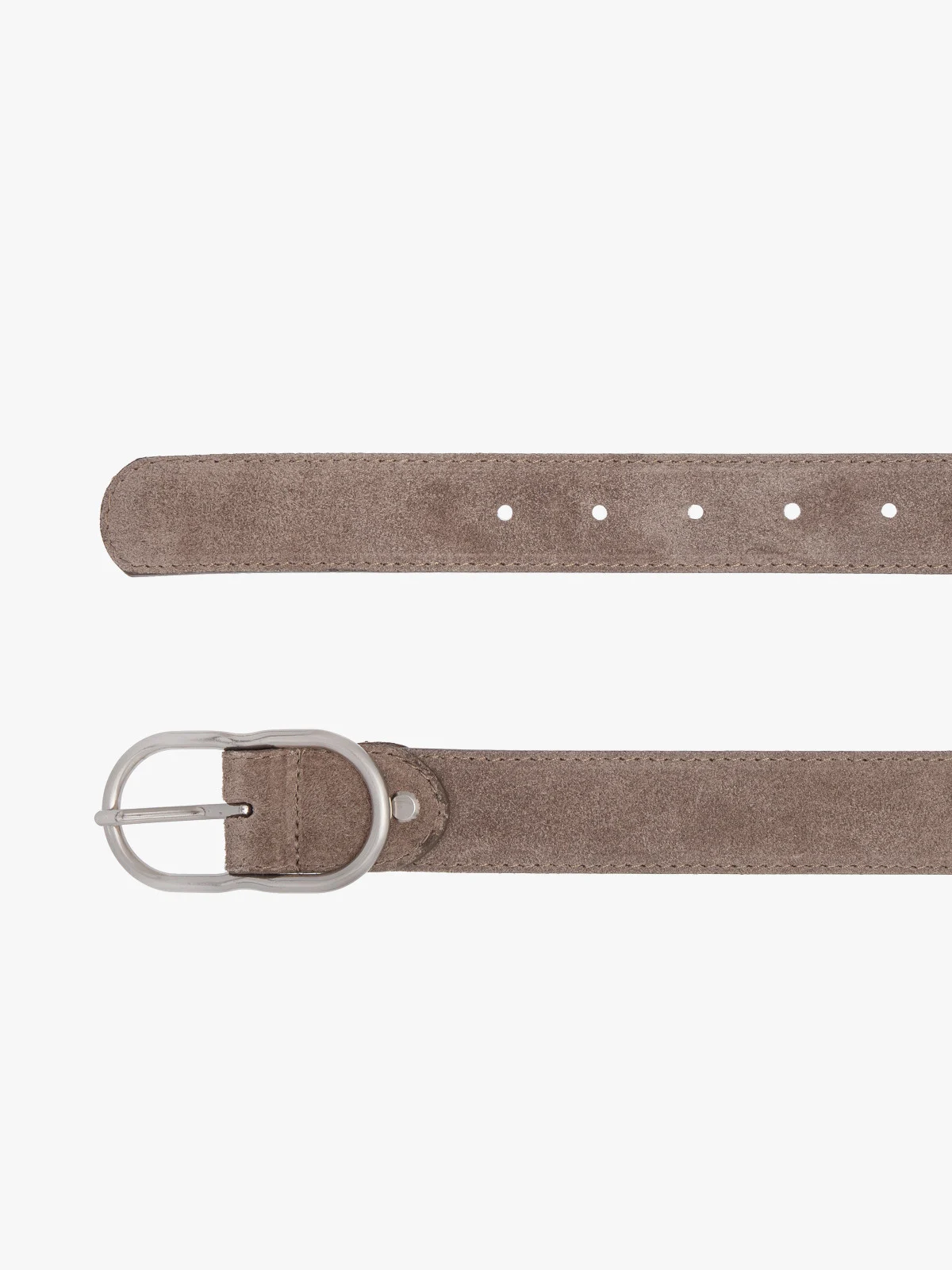 Beżowy, welurowy pasek damski ze srebrną klamrą