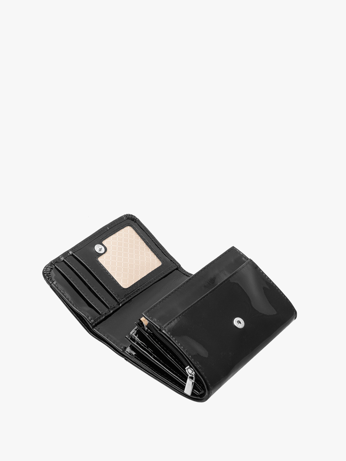 Czarny lakierowany portfel damski ze srebrnymi detalami