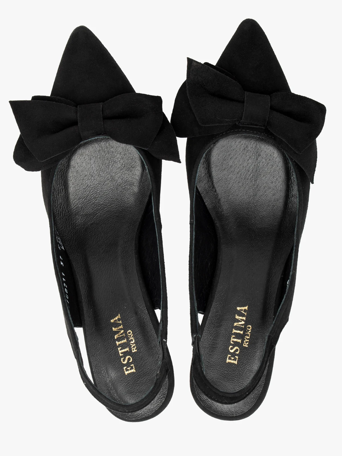 Welurowe czółenka z odkrytą piętą oraz kokardą