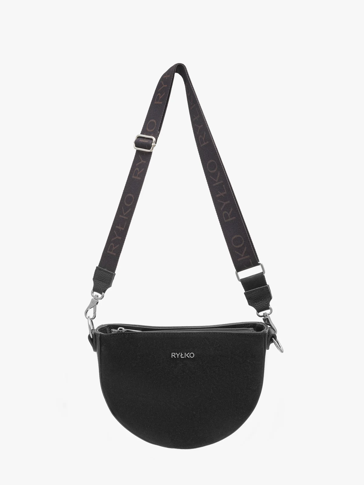 Mała, czarna torebka na szerokim pasku z taśmy