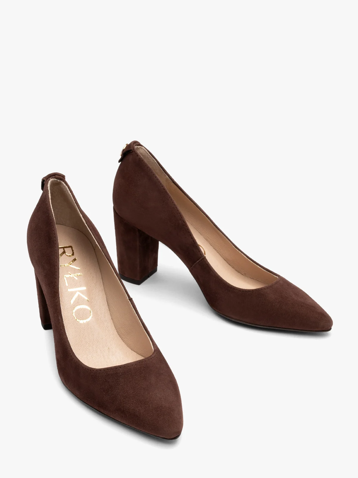 Brązowe czółenka z weluru na słupkowym obcasie