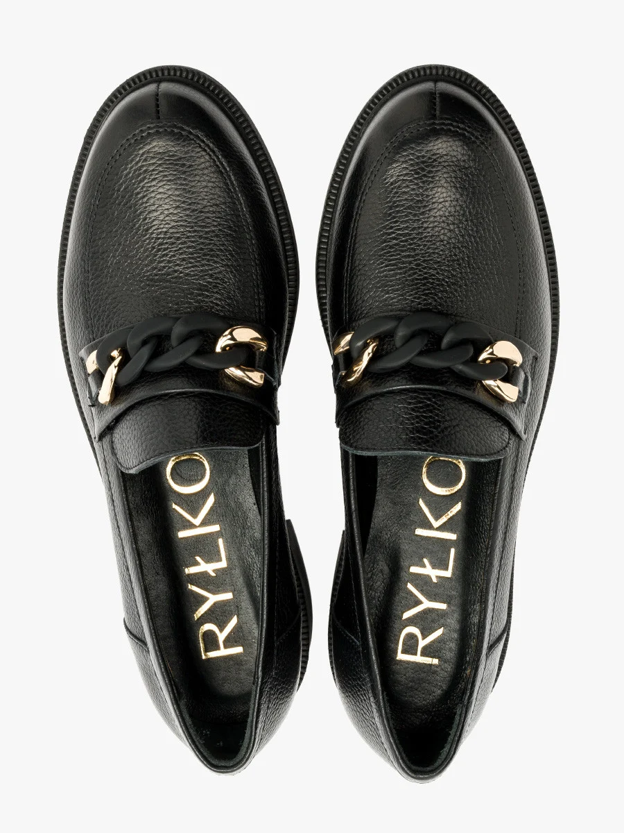 Czarne mokasyny ze złoto-czarną ozdobą