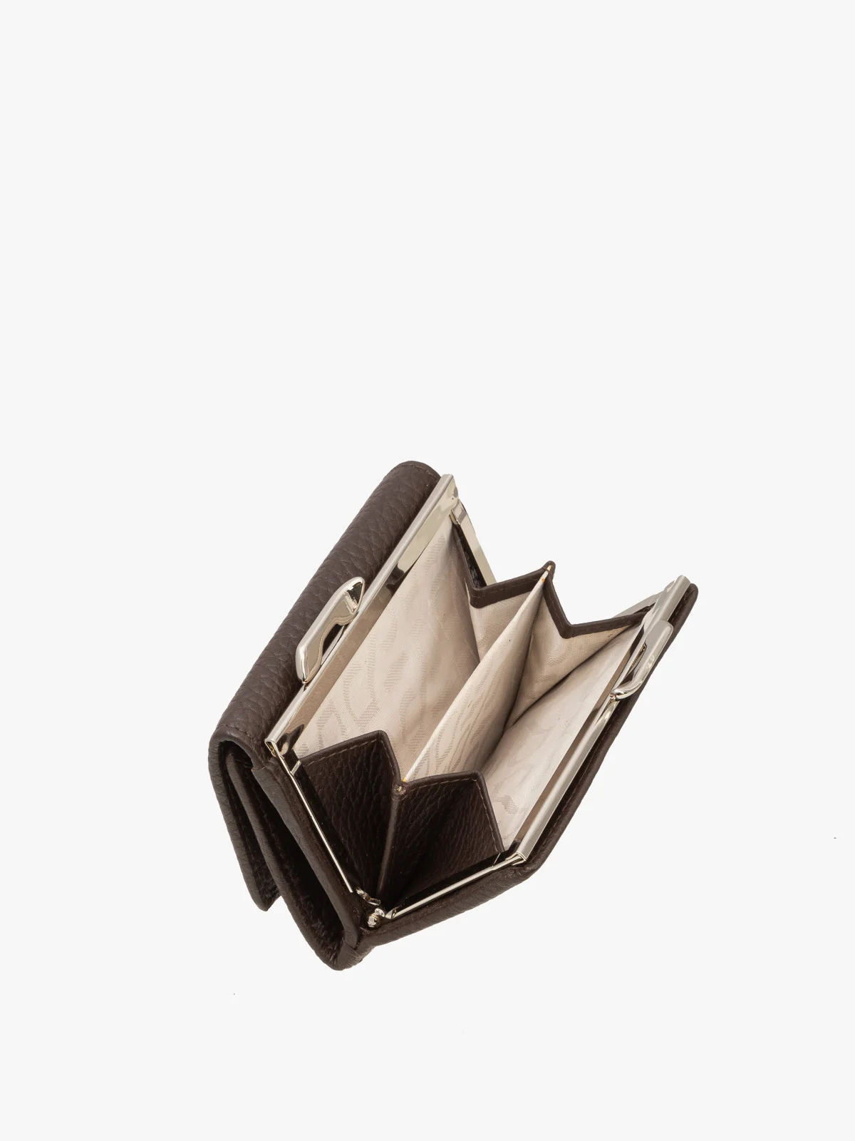 Ciemnobrązowy portfel damski z ozdobnym zapięciem