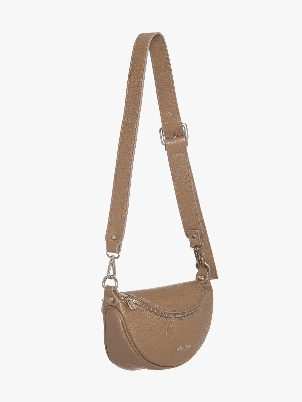 Beżowa, owalna torebka z szerokim paskiem