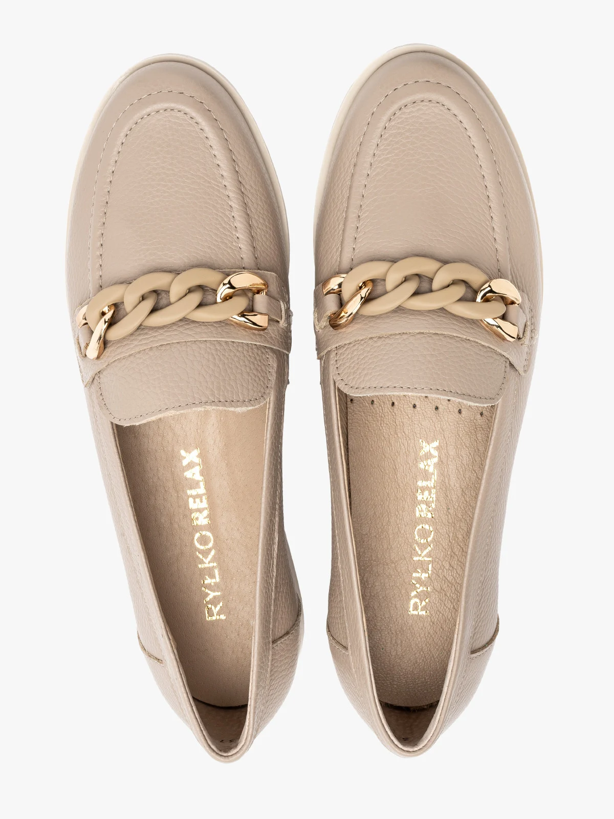 Beżowy mokasyn ze złoto-beżową ozdobą