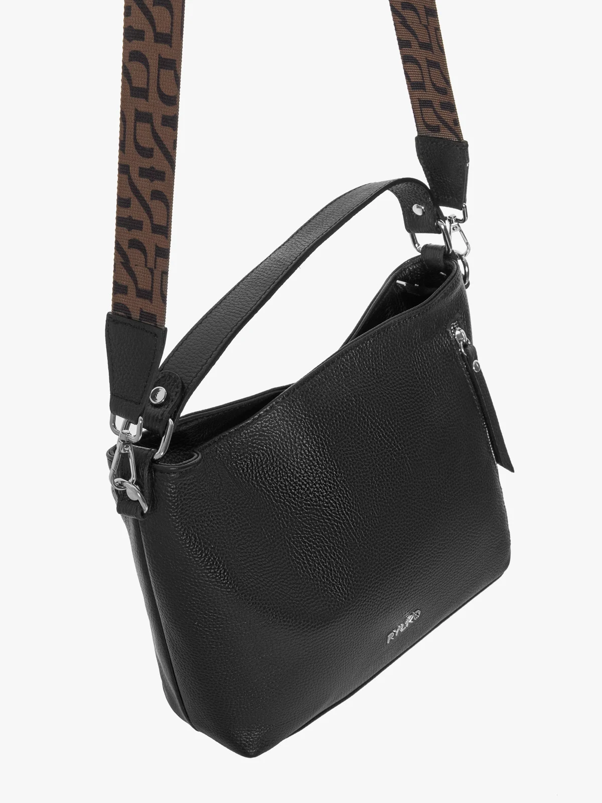 Czarna torebka z kontrastowym paskiem z tkaniny