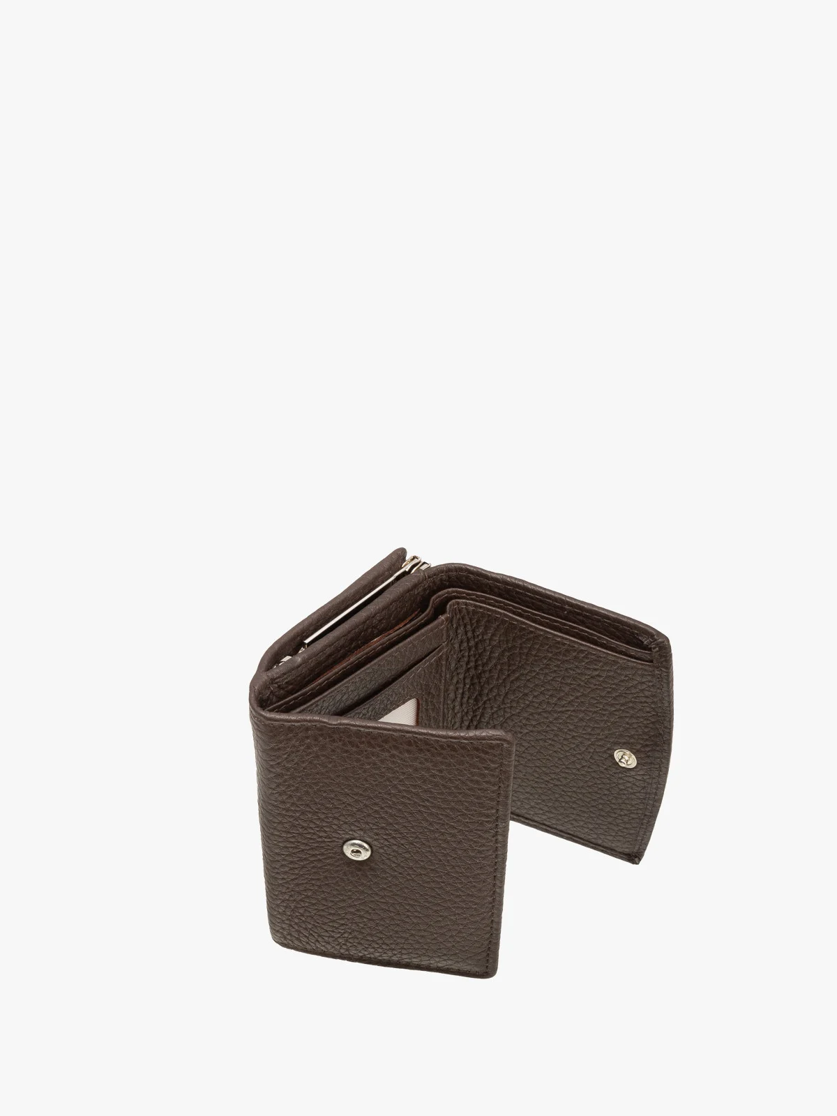 Ciemnobrązowy portfel damski z ozdobnym zapięciem