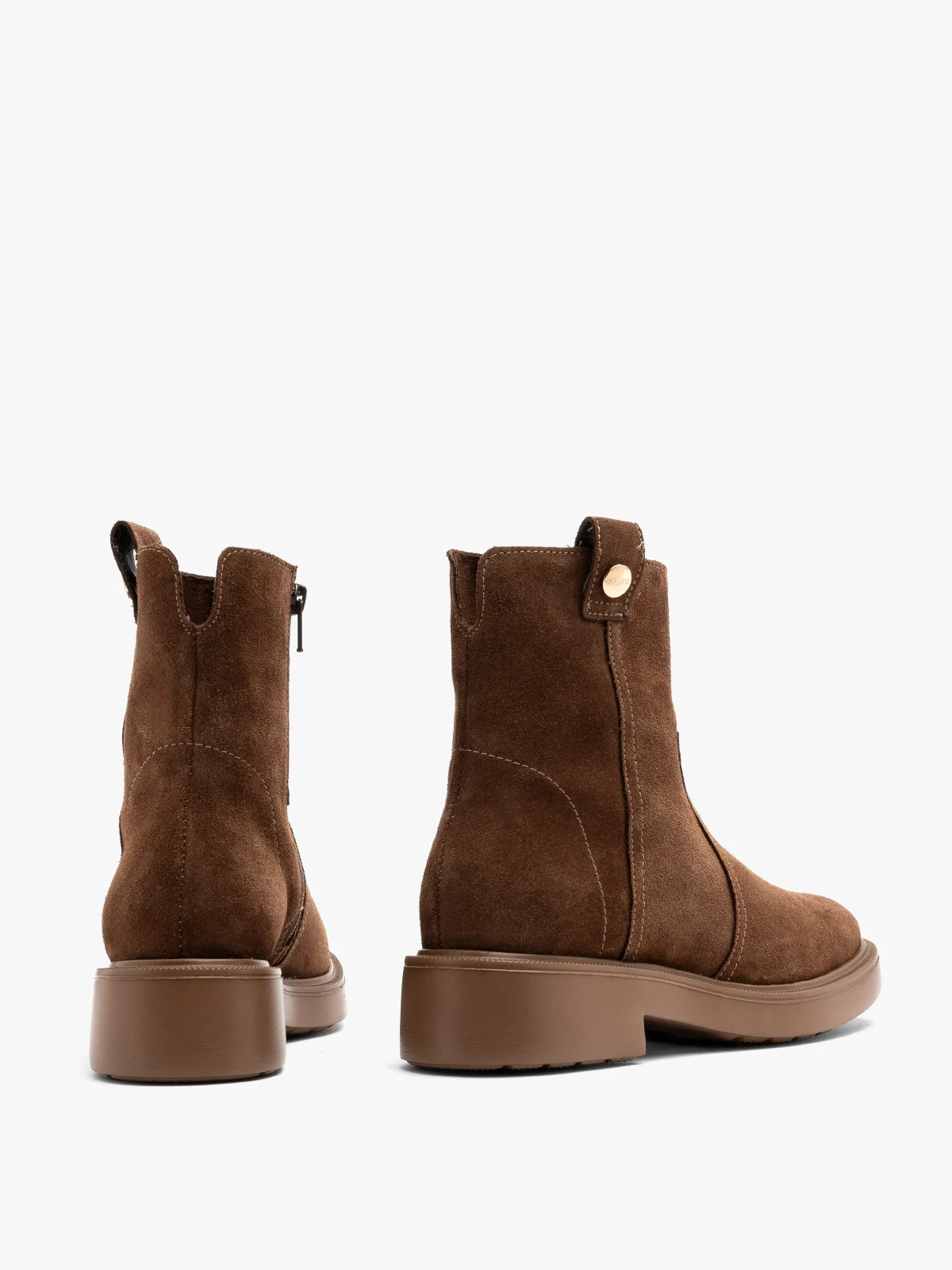 Brązowe, welurowe botki damskie na płaskie podeszwie