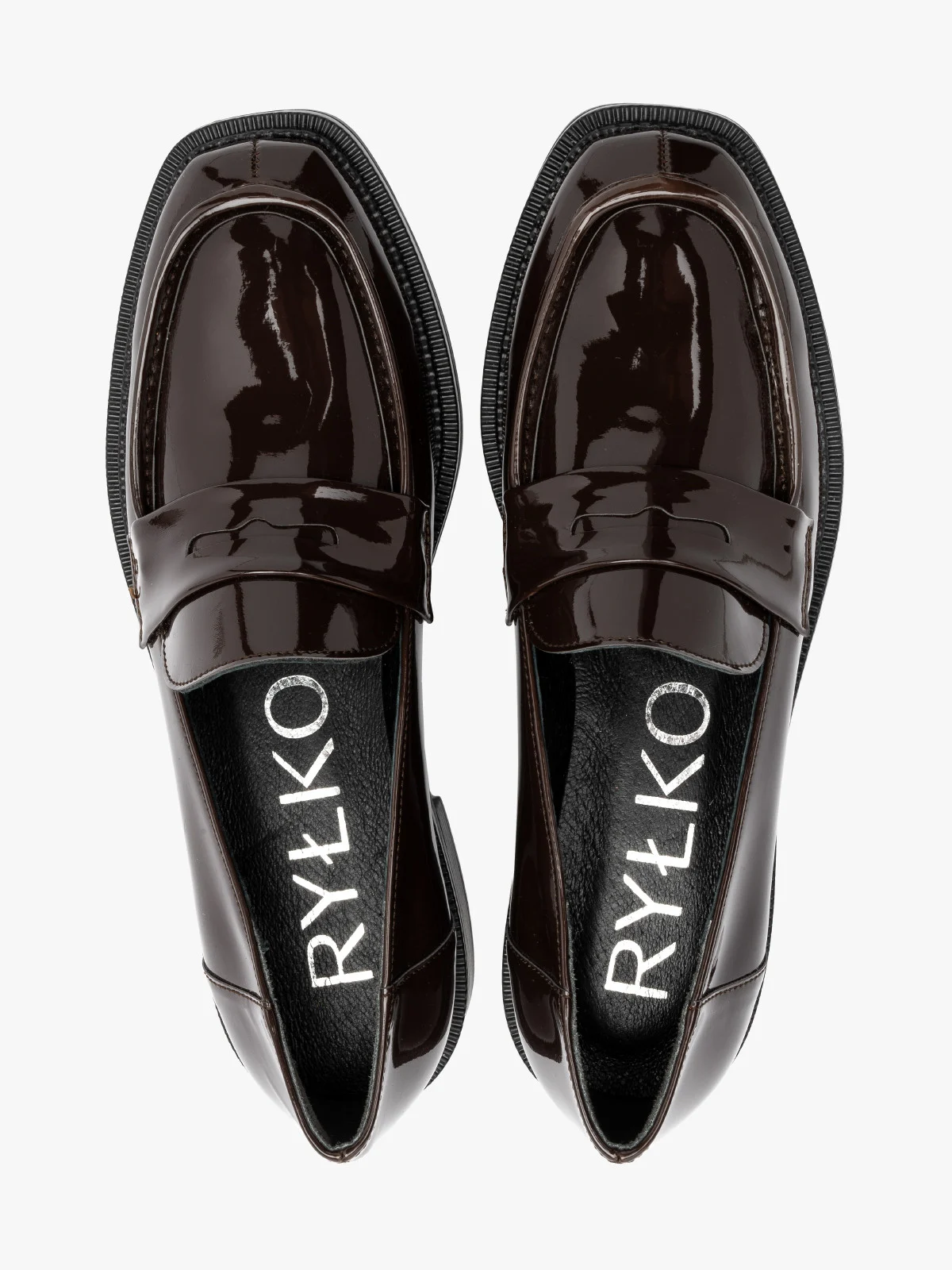 Ciemnobrązowe, lakierowane mokasyny z kwadratowym noskiem