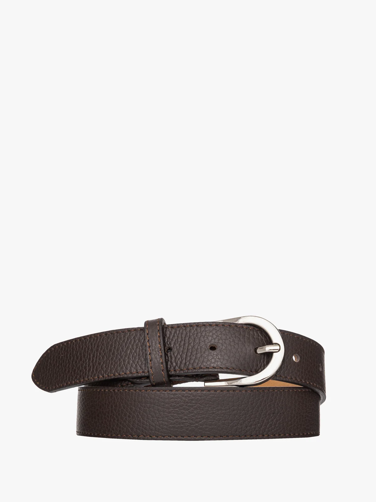 Ciemnobrązowy pasek damski ze srebrną klamrą