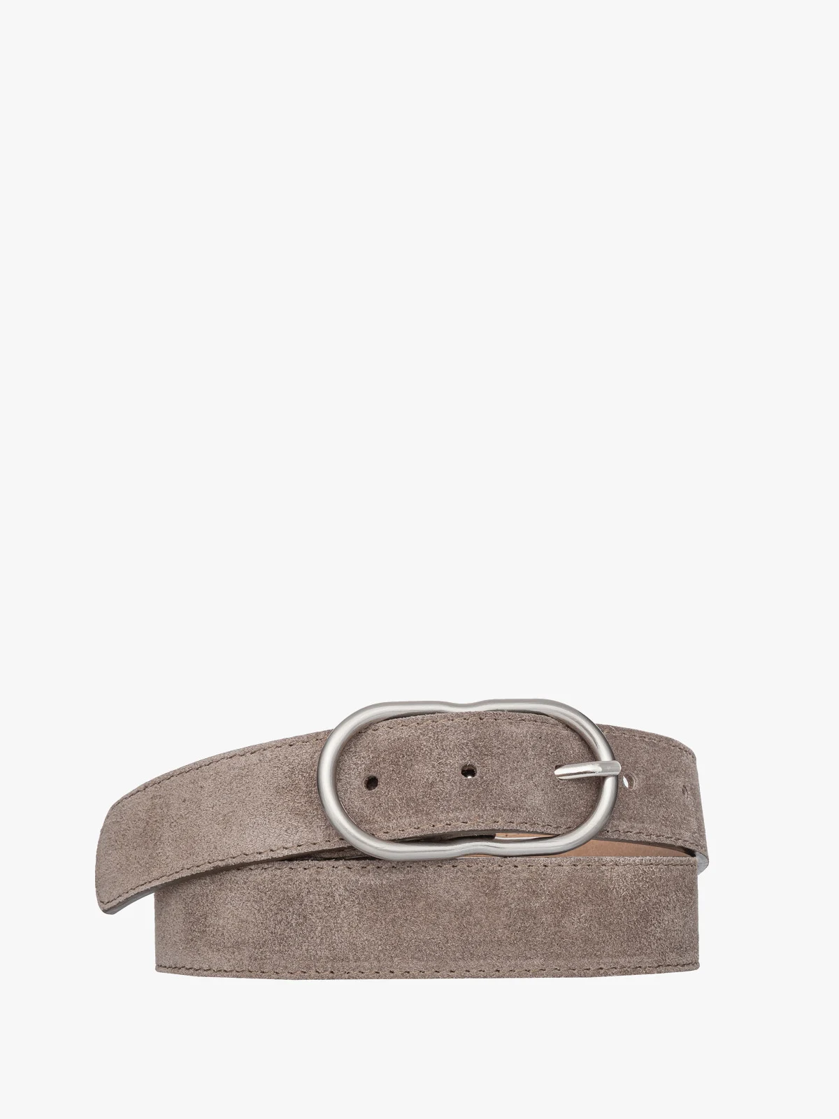 Beżowy, welurowy pasek damski ze srebrną klamrą