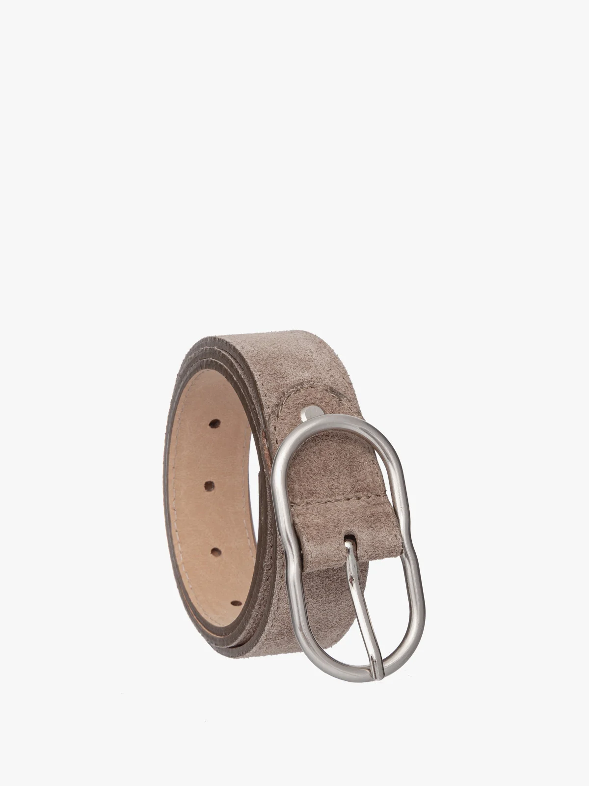 Beżowy, welurowy pasek damski ze srebrną klamrą