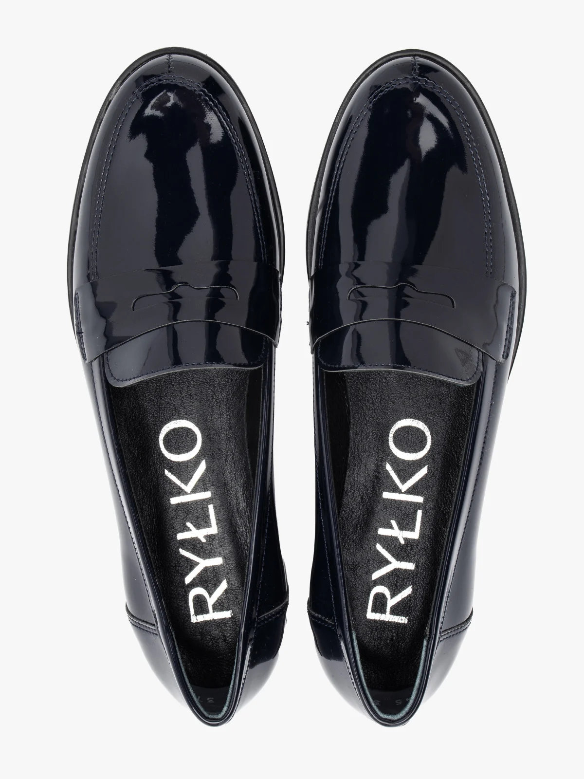 Granatowe, lakierowane mokasyny na płaskiej podeszwie