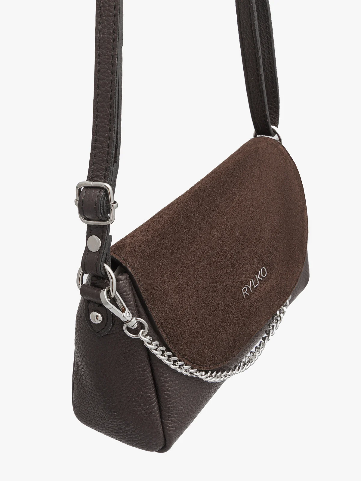 Brązowa torebka z łączonych skór z łańcuszkiem