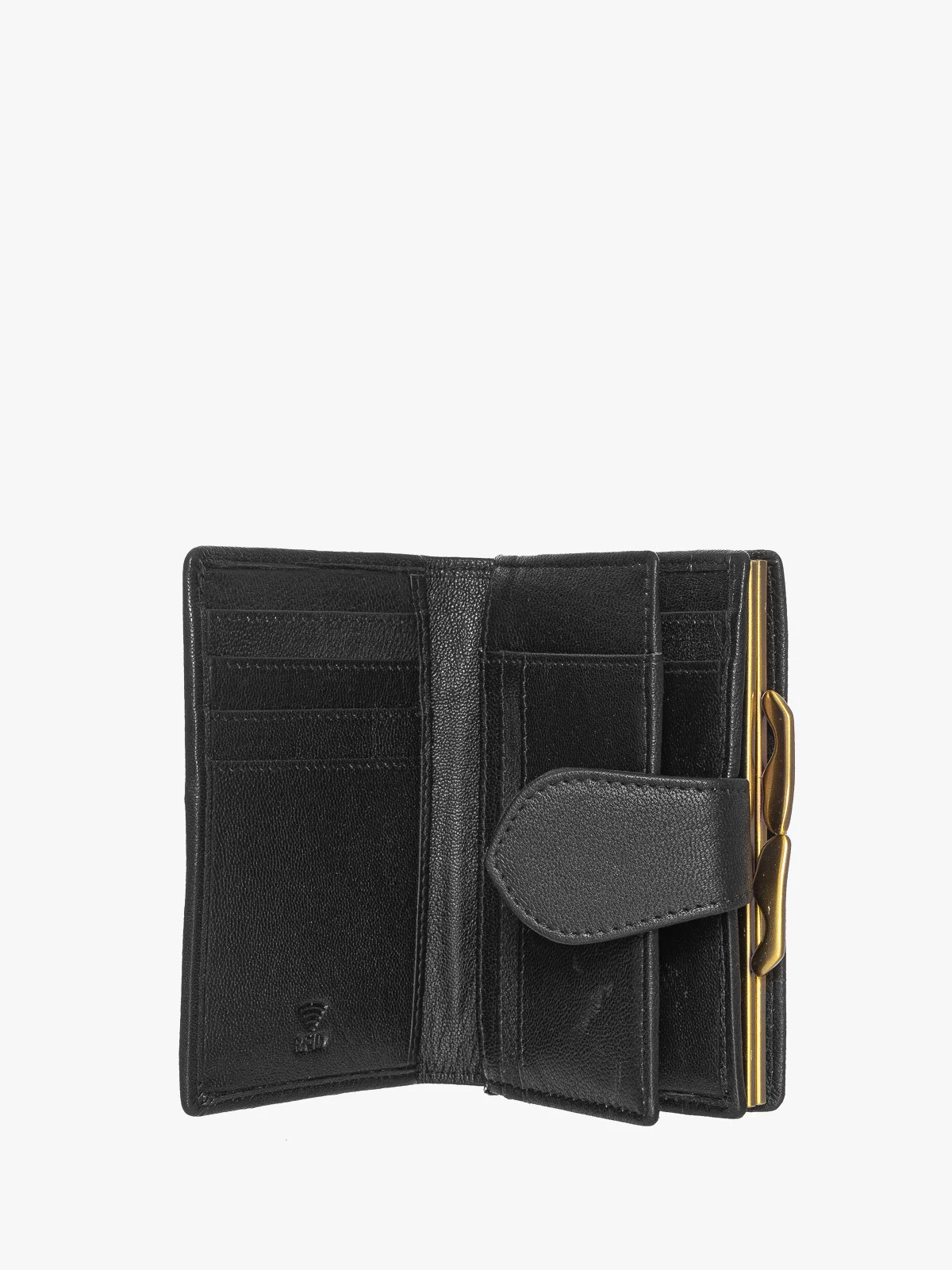 Czarny portfel damski zapinany na zatrzask oraz bigiel