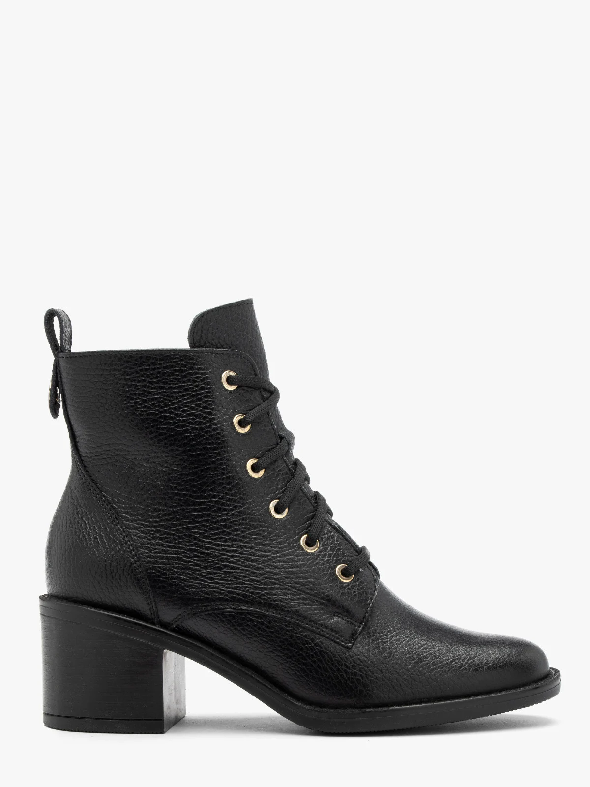 Czarne, sznurowane trzewiki damskie ze złotymi oczkami