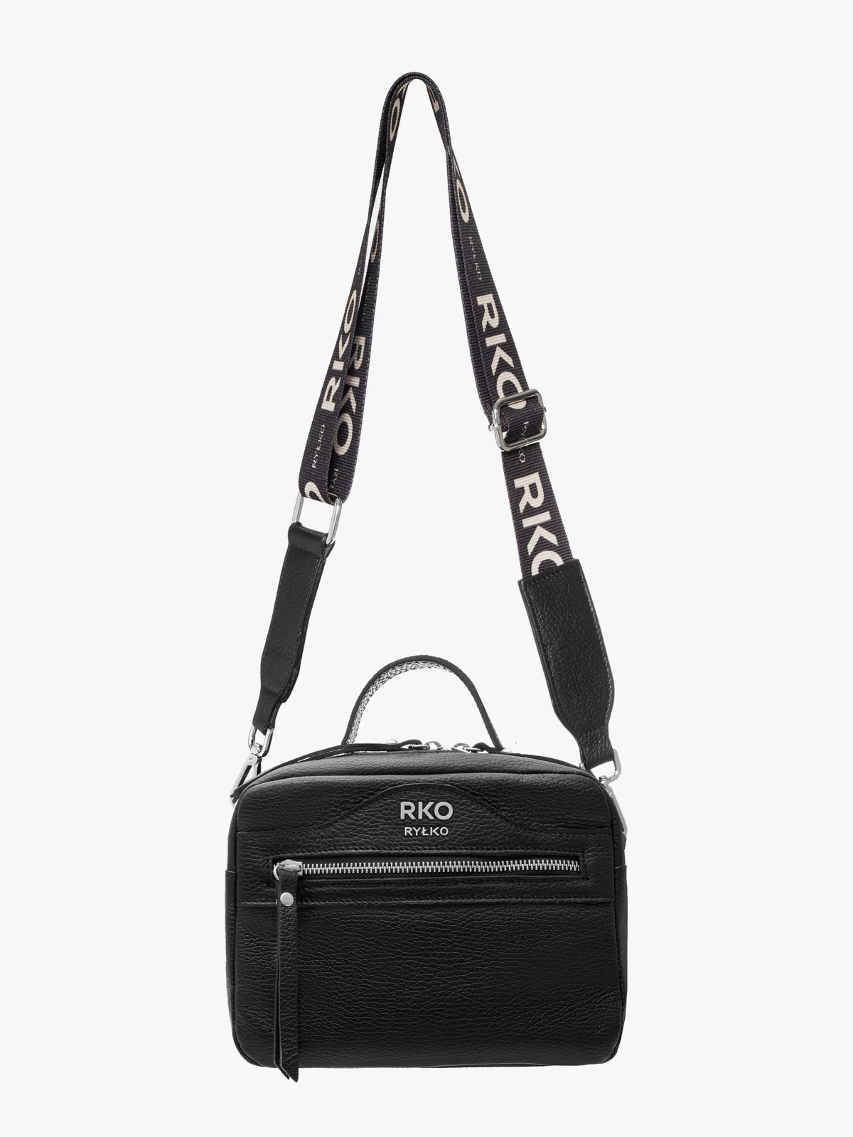 Czarna, kuferkowa torebka z rączką oraz paskiem na ramię z taśmy