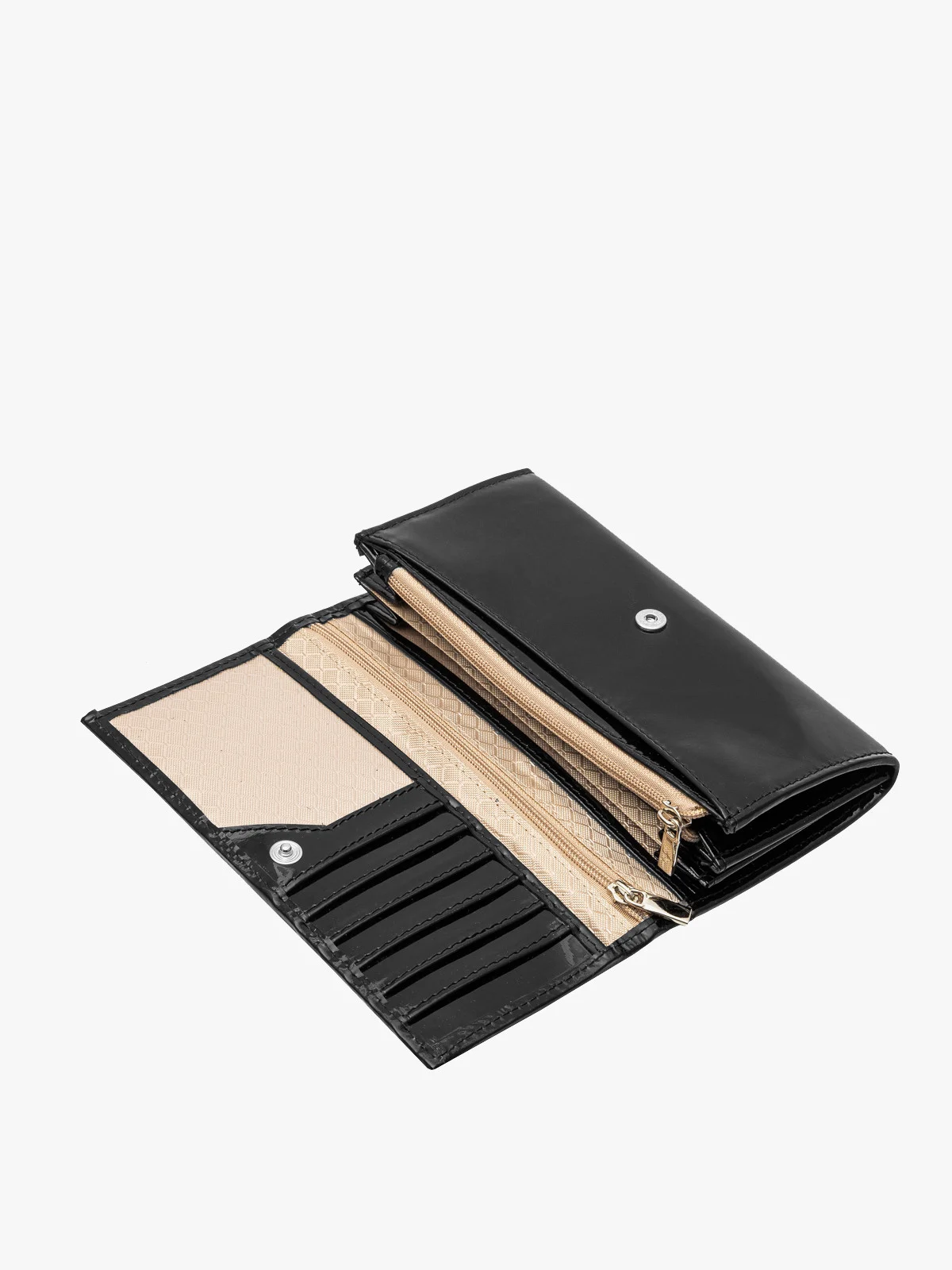Czarny, lakierowany portfel damski