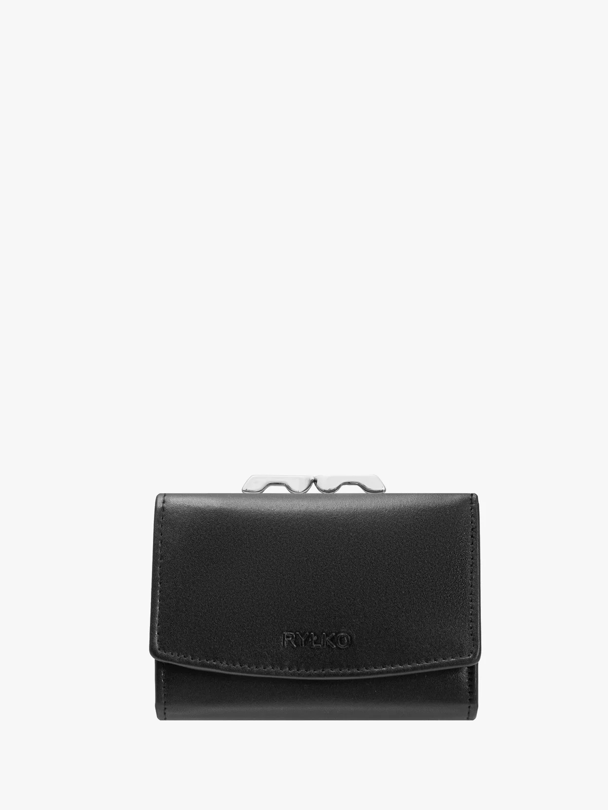 Czarny portfel damski z dekoracyjnym zapięciem