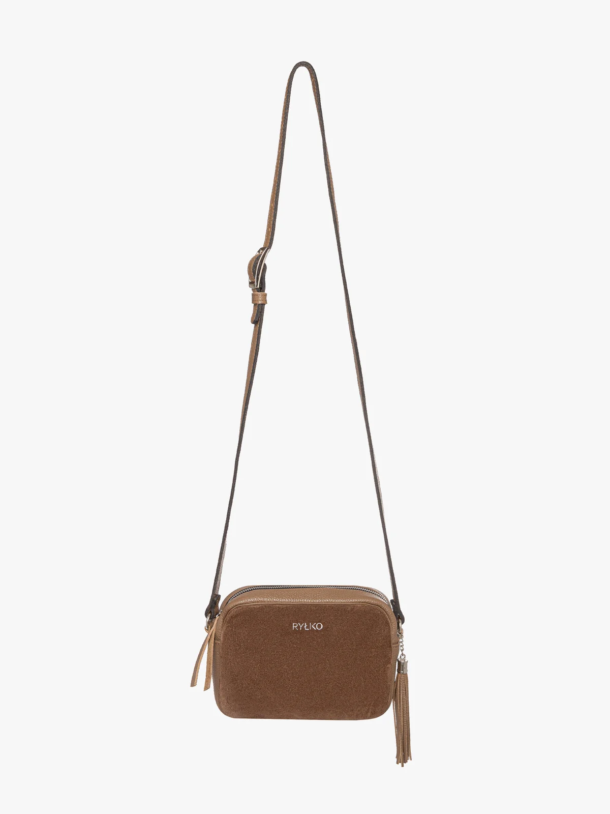 Ciemnobeżowa torebka listonoszka z frędzlem