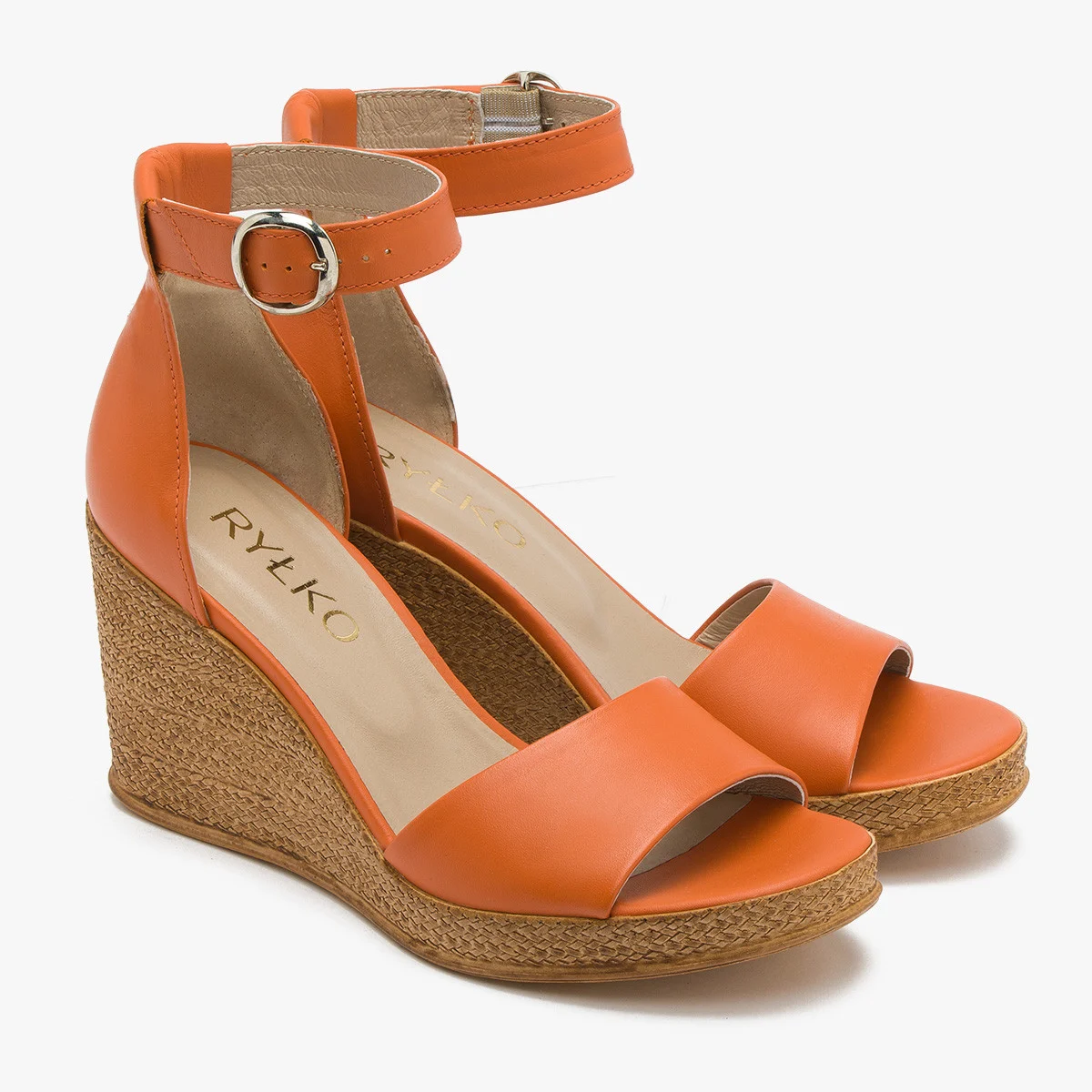 Dwuczęściowe pomarańczowe sandały na koturnie