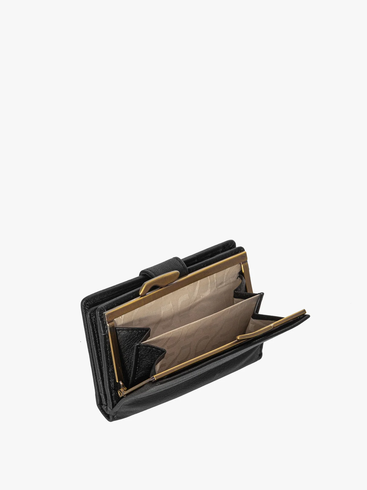 Czarny portfel damski zapinany na zatrzask oraz bigiel