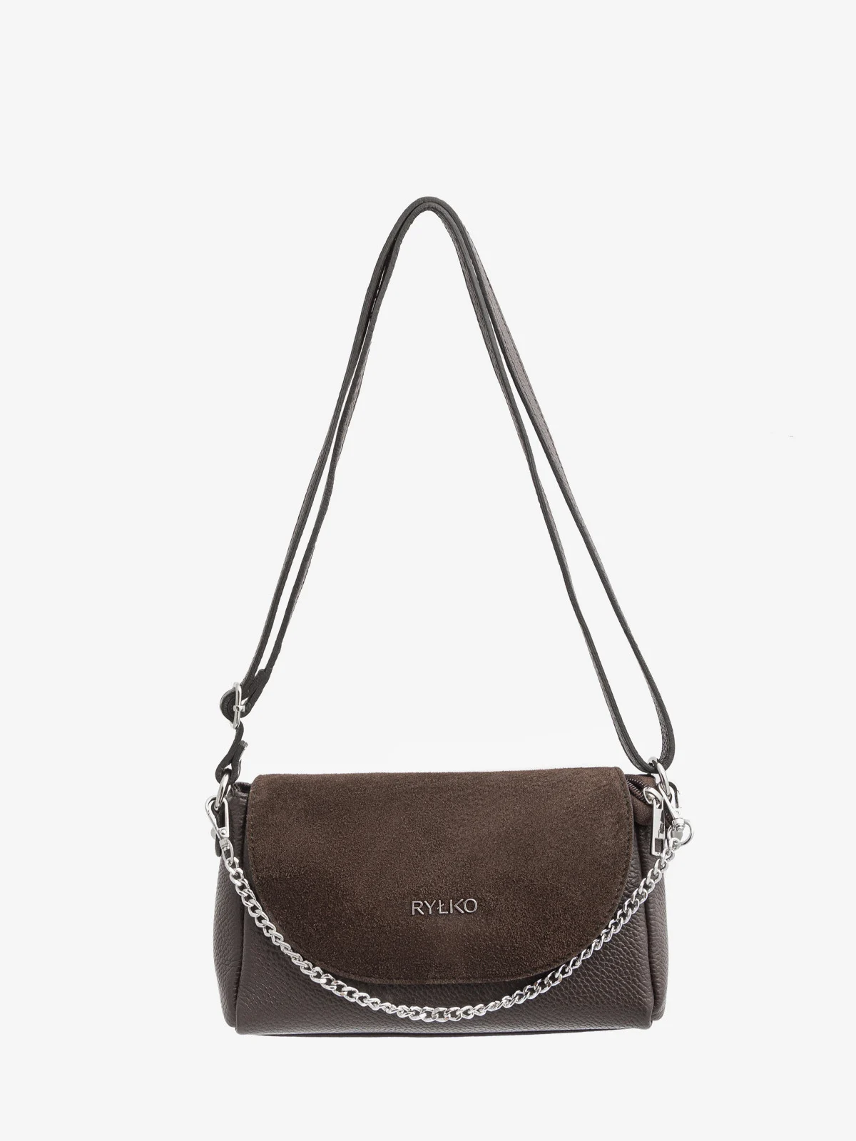 Brązowa torebka z łączonych skór z łańcuszkiem