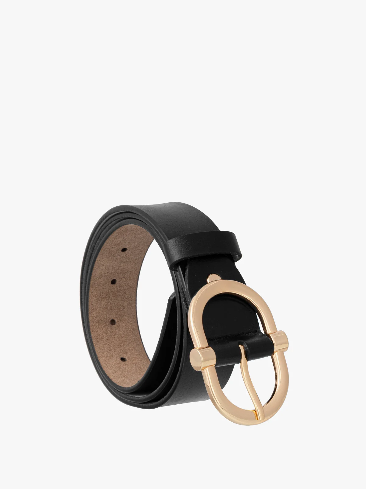 Czarny skórzany pasek ze złotą klamrą