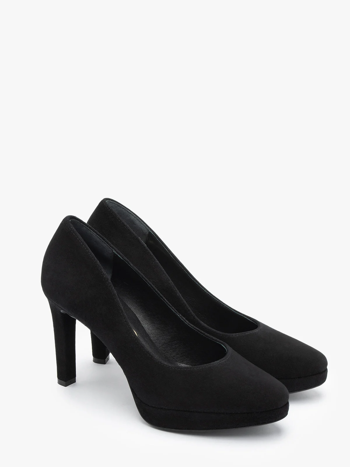 Czarne, welurowe czółenka na wysokiej szpilce oraz balu