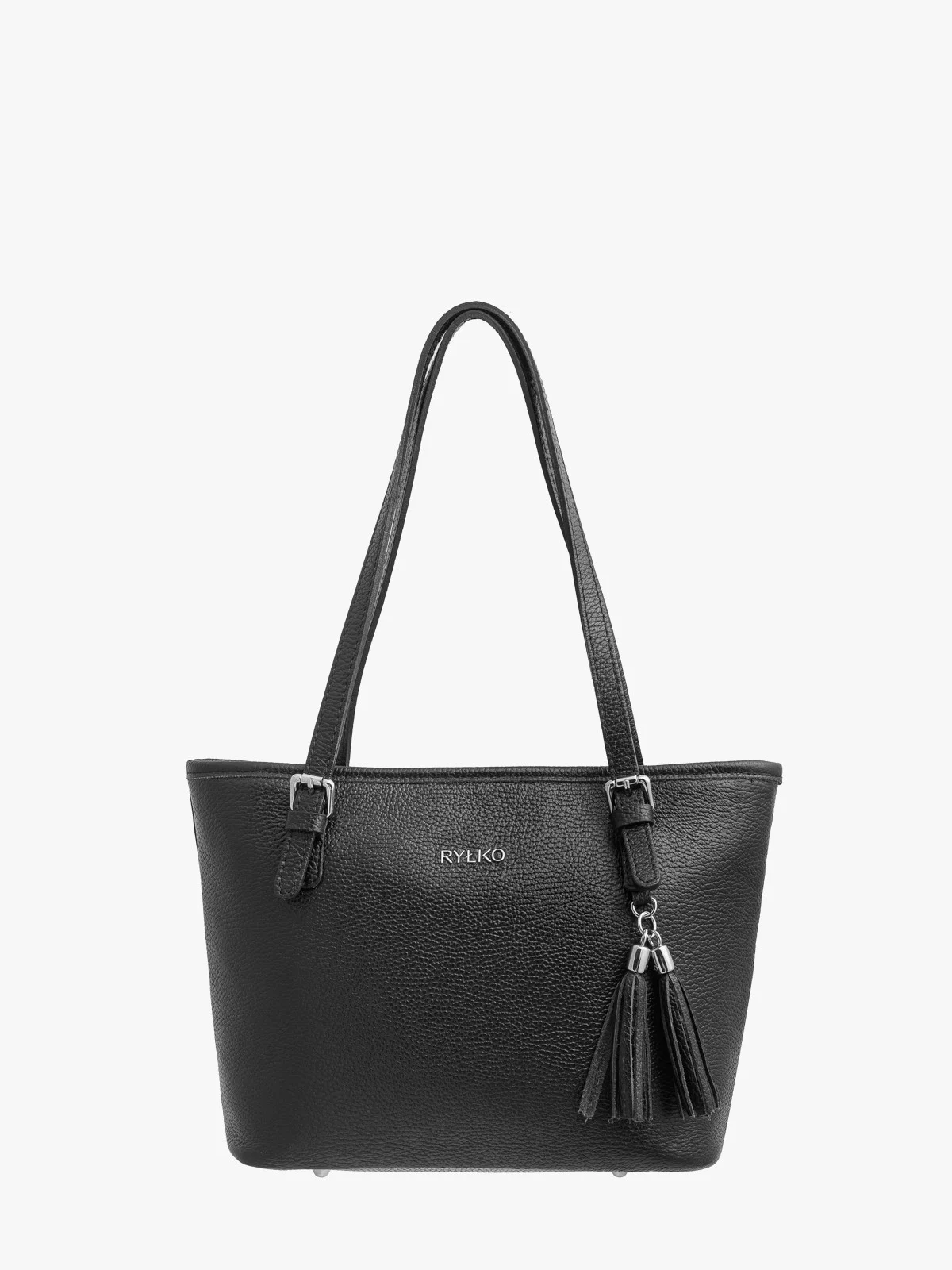 Elegancka, czarna torebka na ramię z dekoracyjnymi sprzączkami oraz ozdobą typu chwost