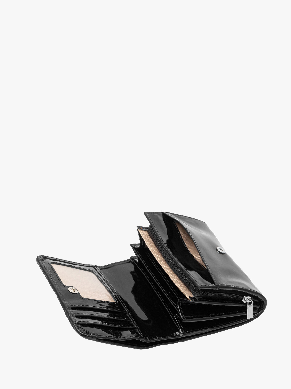 Czarny lakierowany portfel damski ze srebrnymi detalami