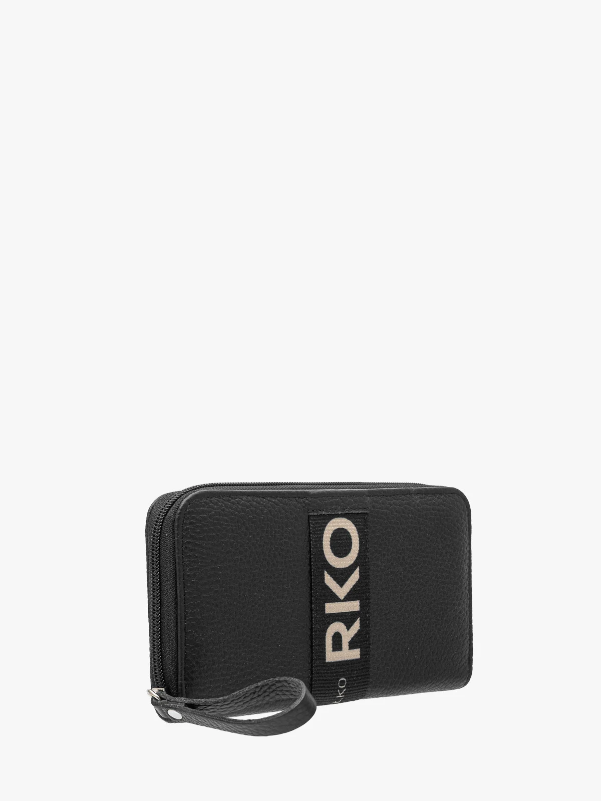 Czarny portfel damski ozdobiony taśmą z logotypem